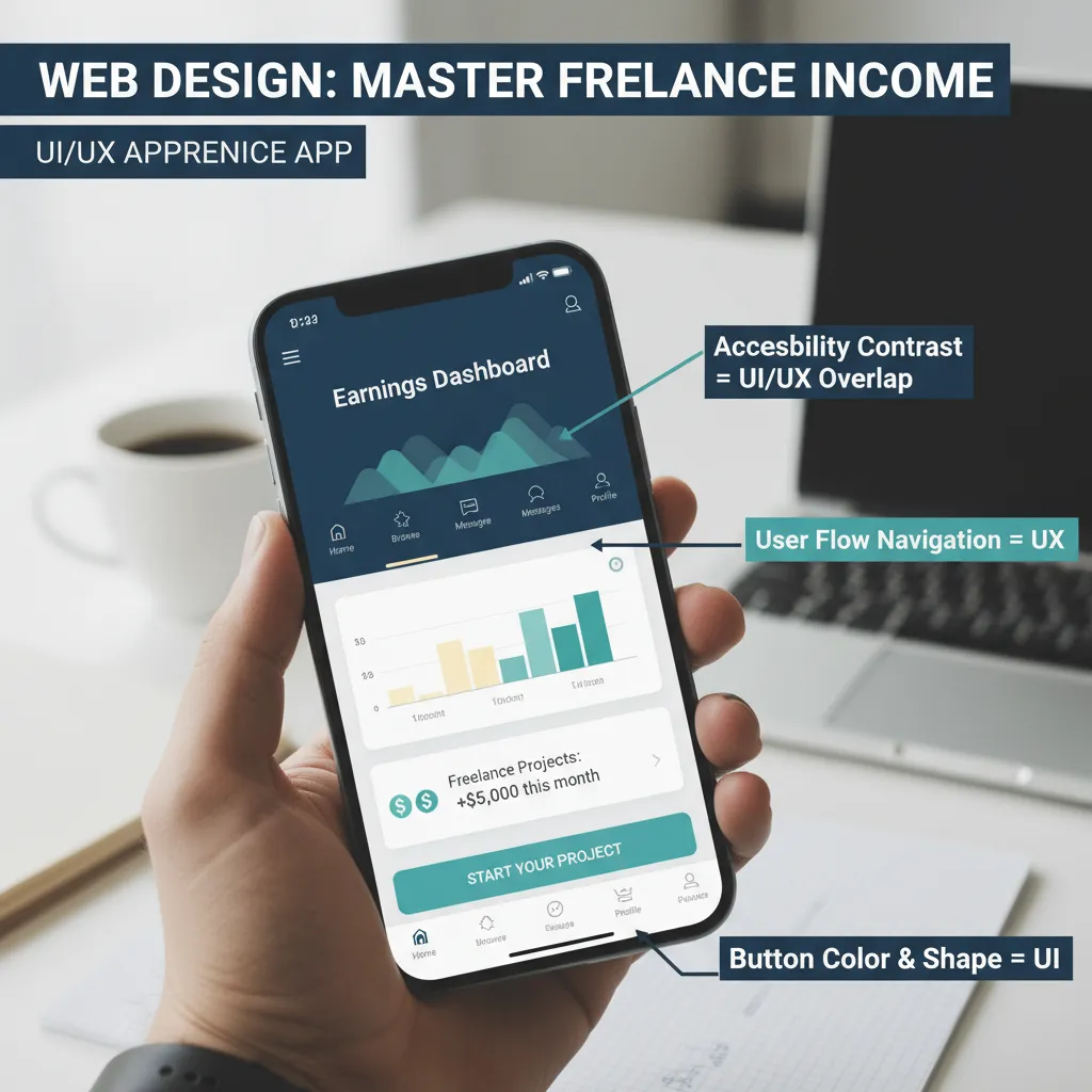 A screenshot mock-up showing a mobile app interface. Annotations point to specific elements: 'Button Color & Shape = UI', 'User Flow Navigation = UX', 'Accessibility Contrast = UI/UX Overlap'.