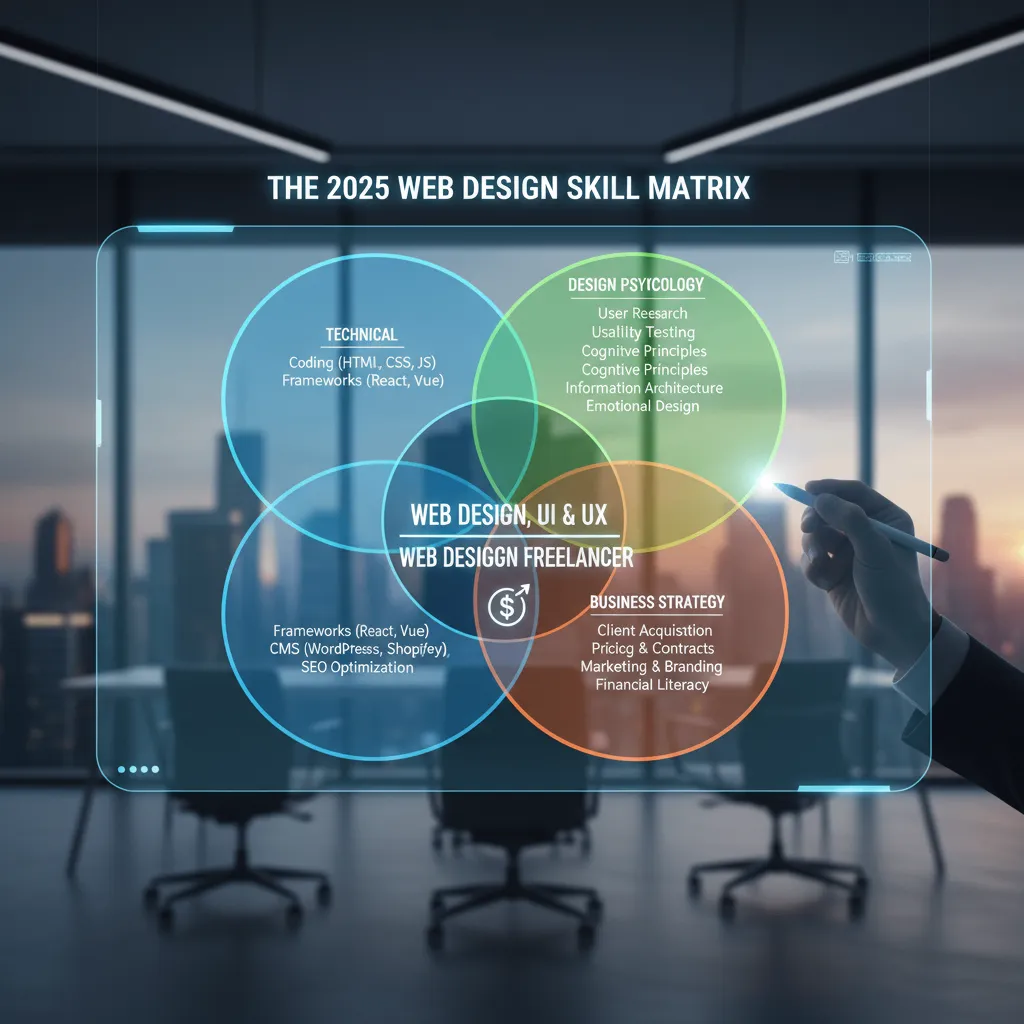 A futuristic infographic titled 'The 2025 Web Design Skill Matrix' showing three intersecting circles: Technical, Design Psychology, and Business Strategy.