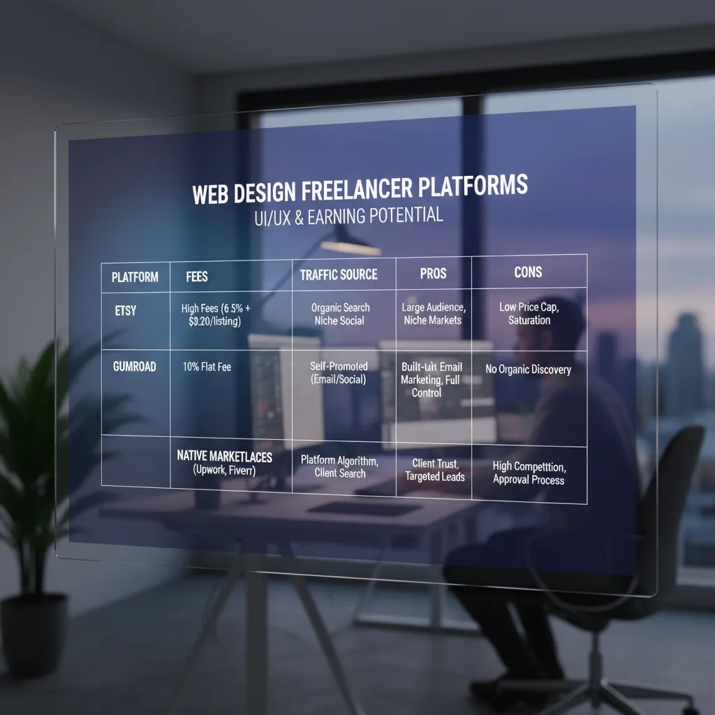 A comparison table graphic. Columns: Platform, Fees, Traffic Source, Pros, Cons. Rows: Etsy (High fees, Organic traffic, High Volume, Low Price Cap), Gumroad (10% flat fee, You bring traffic, Email marketing built-in, No organic traffic), Native Marketplaces (Varies, Highly targeted, Instant Trust, High Rejection Rate).