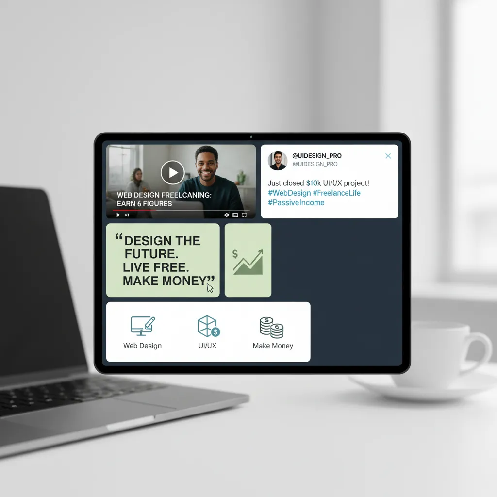 A screenshot illustration of a "Bento Grid" layout. It shows a mix of a video player card, a Twitter/X post embed, and a stylized quote card arranged in a masonry grid.