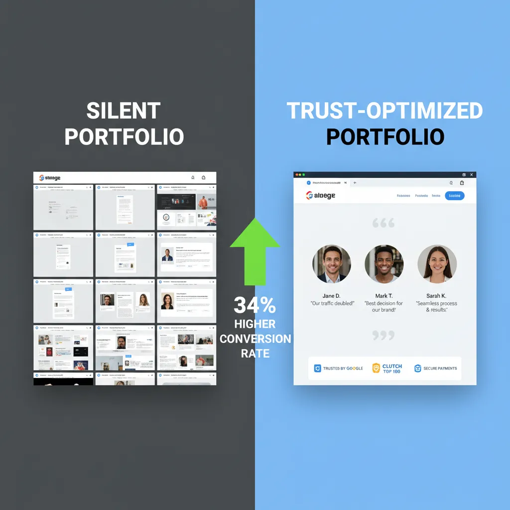 A split-screen comparison graphic. On the left, a "Silent Portfolio" with just images. On the right, a "Trust-Optimized Portfolio" with testimonials and trust badges, showing a 34% higher conversion rate arrow.