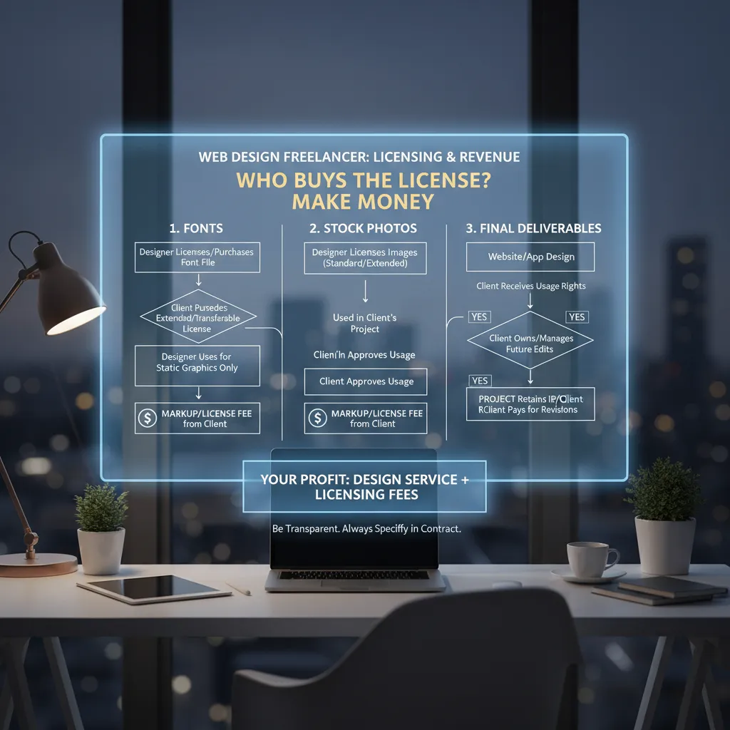 Infographic flow chart showing "Who Buys the License?" for Fonts, Stock Photos, and Final Deliverables