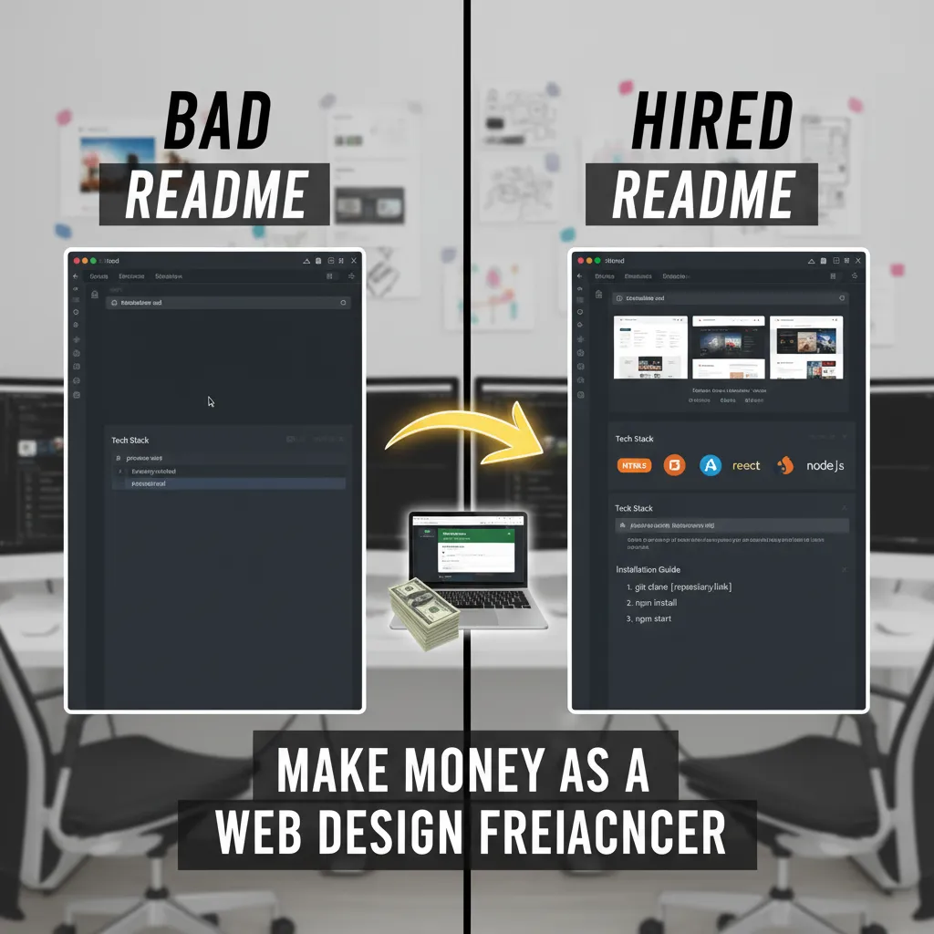 Side-by-side comparison of a "Bad ReadMe" (empty) vs. a "Hired ReadMe" (Screenshots, Tech Stack, Installation Guide)