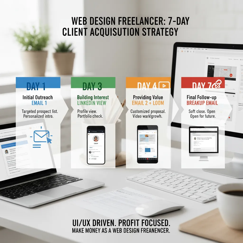 Infographic showing a timeline of a 4-step sequence: Day 1 (Email 1), Day 3 (LinkedIn View), Day 4 (Email 2 + Loom), Day 7 (Breakup Email)