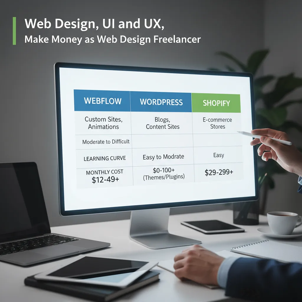 A comparison chart of Webflow, WordPress, and Shopify, listing "Best For," "Learning Curve," and "Monthly Cost" for each