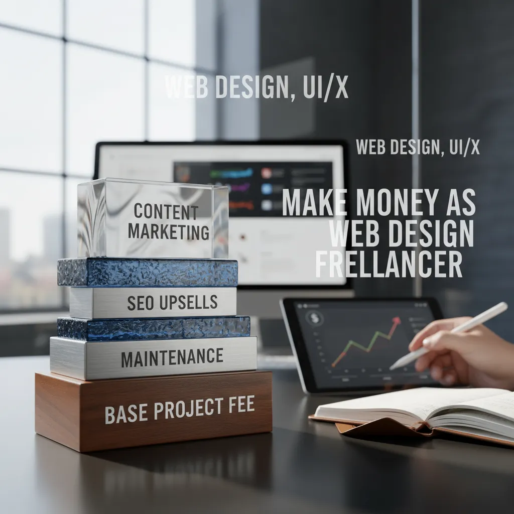 A graphic showing the "Revenue Stack" model: Base Project Fee at the bottom, followed by Maintenance, then SEO Upsells, then Content Marketing on top