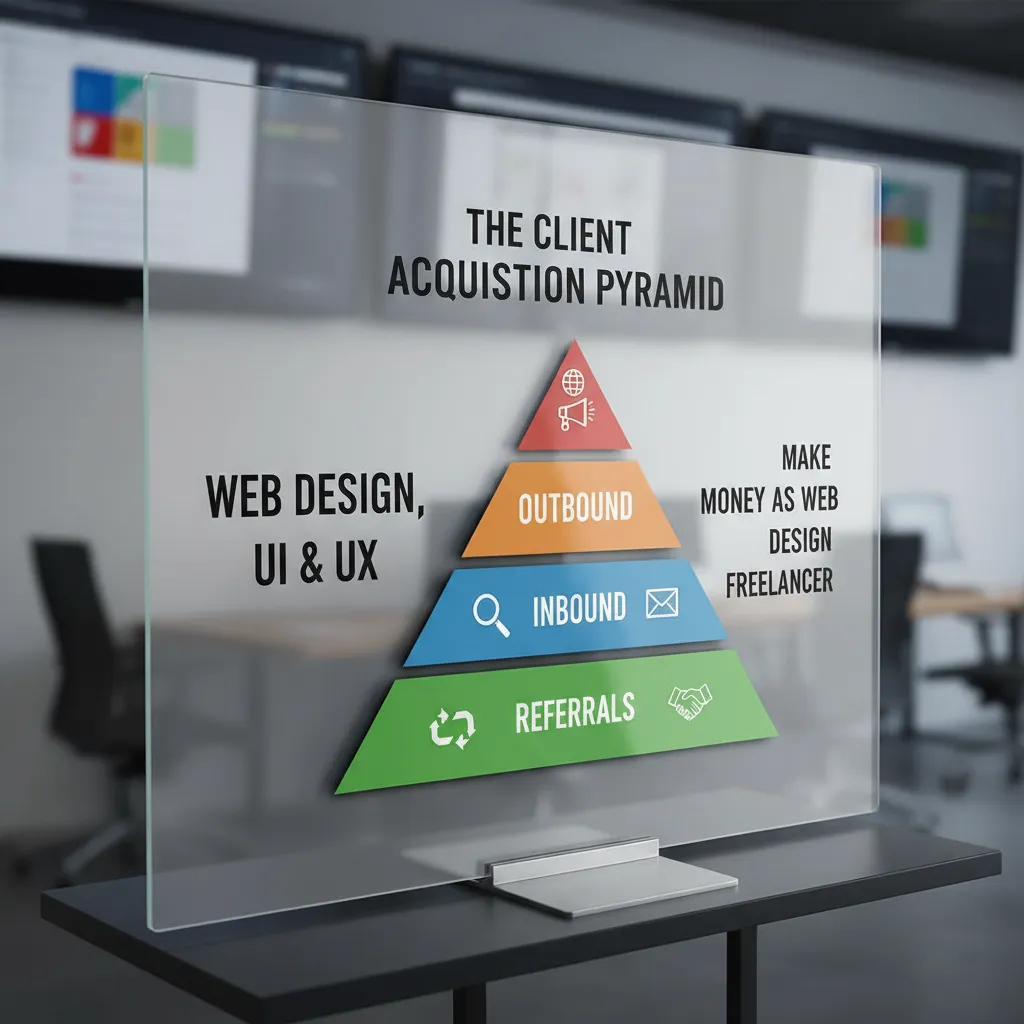 An infographic titled "The Client Acquisition Pyramid" showing the hierarchy from Referrals (base) to Inbound, Outbound, and Marketplaces (top)