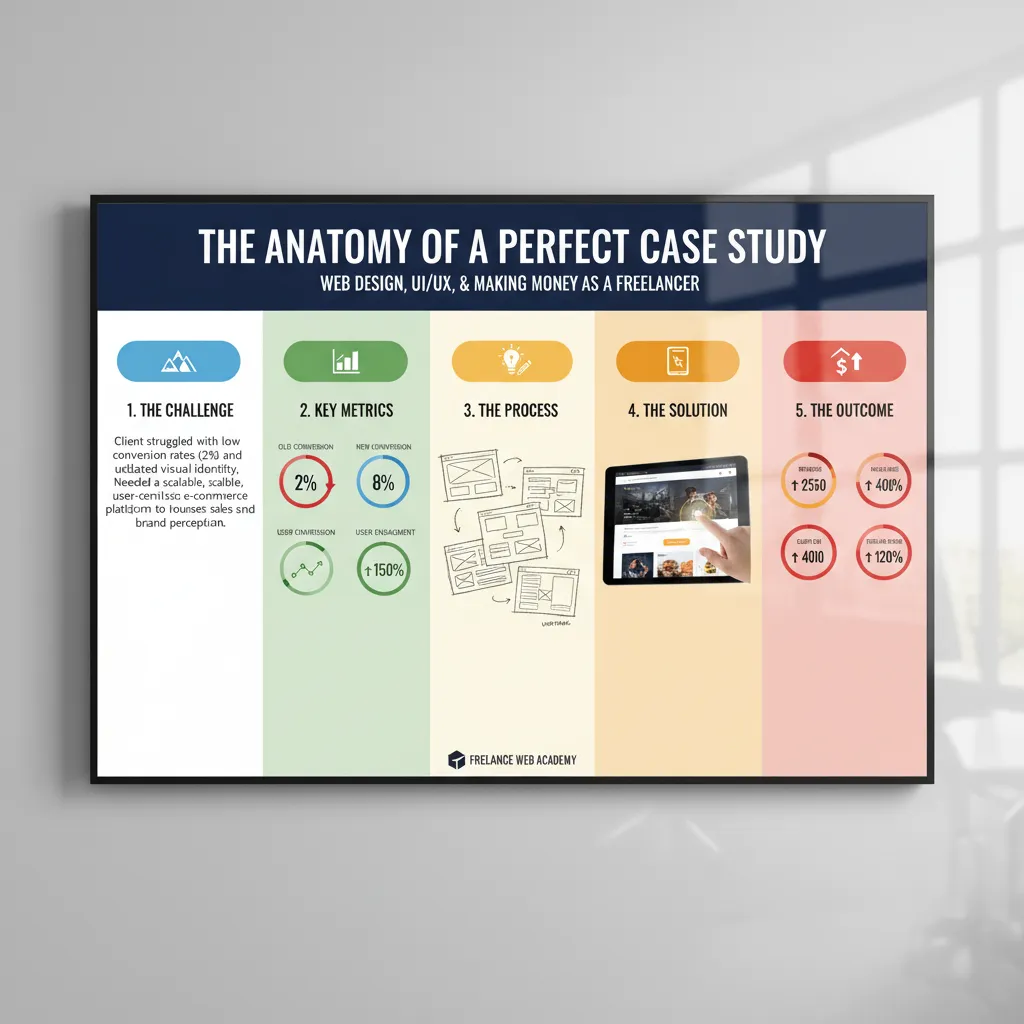 The Anatomy of a Perfect Case Study. Sections: 1. The Challenge (Text), 2. Key Metrics (Data Viz), 3. The Process (Sketches/Wireframes), 4. The Solution (Interactive Prototype), 5. The Outcome (ROI Stats).