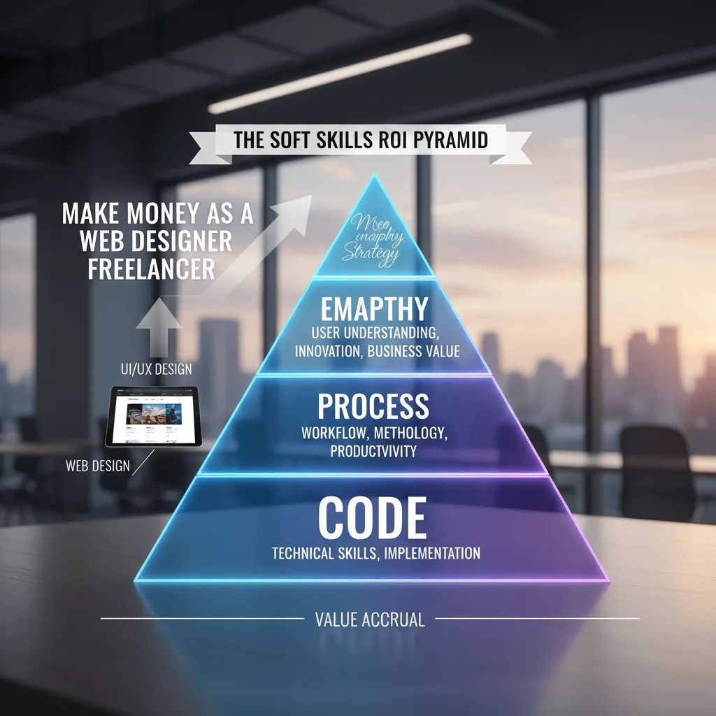 An infographic titled "The Soft Skills ROI Pyramid" showing Code at the bottom base, Process in the middle, and Empathy/Strategy at the peak, illustrating value accrual.