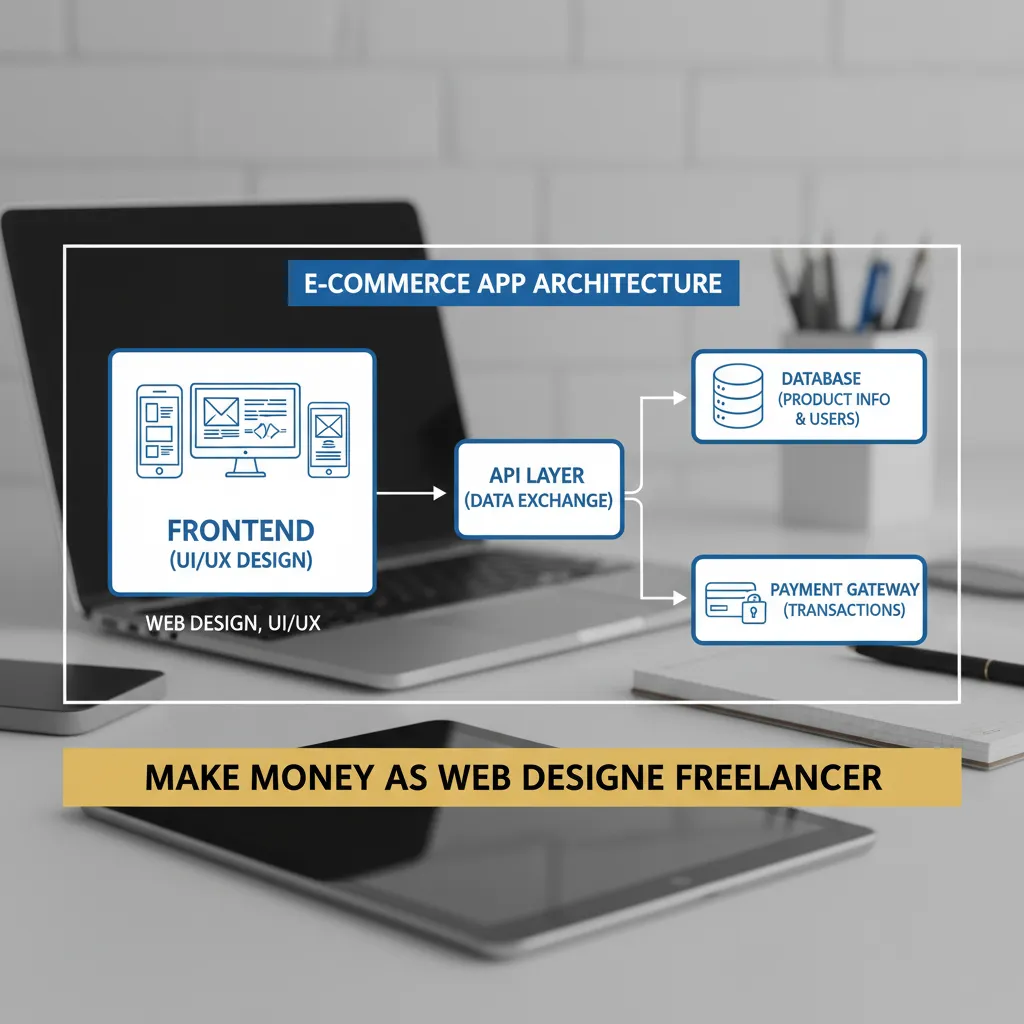 Graphic showing the architecture of an E-commerce app: Frontend -> API Layer -> Database + Payment Gateway