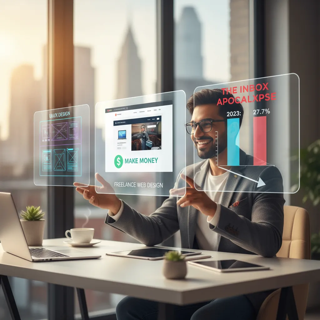 Bar Chart comparing open rates from 2023 (36%) to 2024 (27.7%) showing a steep decline labeled "The Inbox Apocalypse"