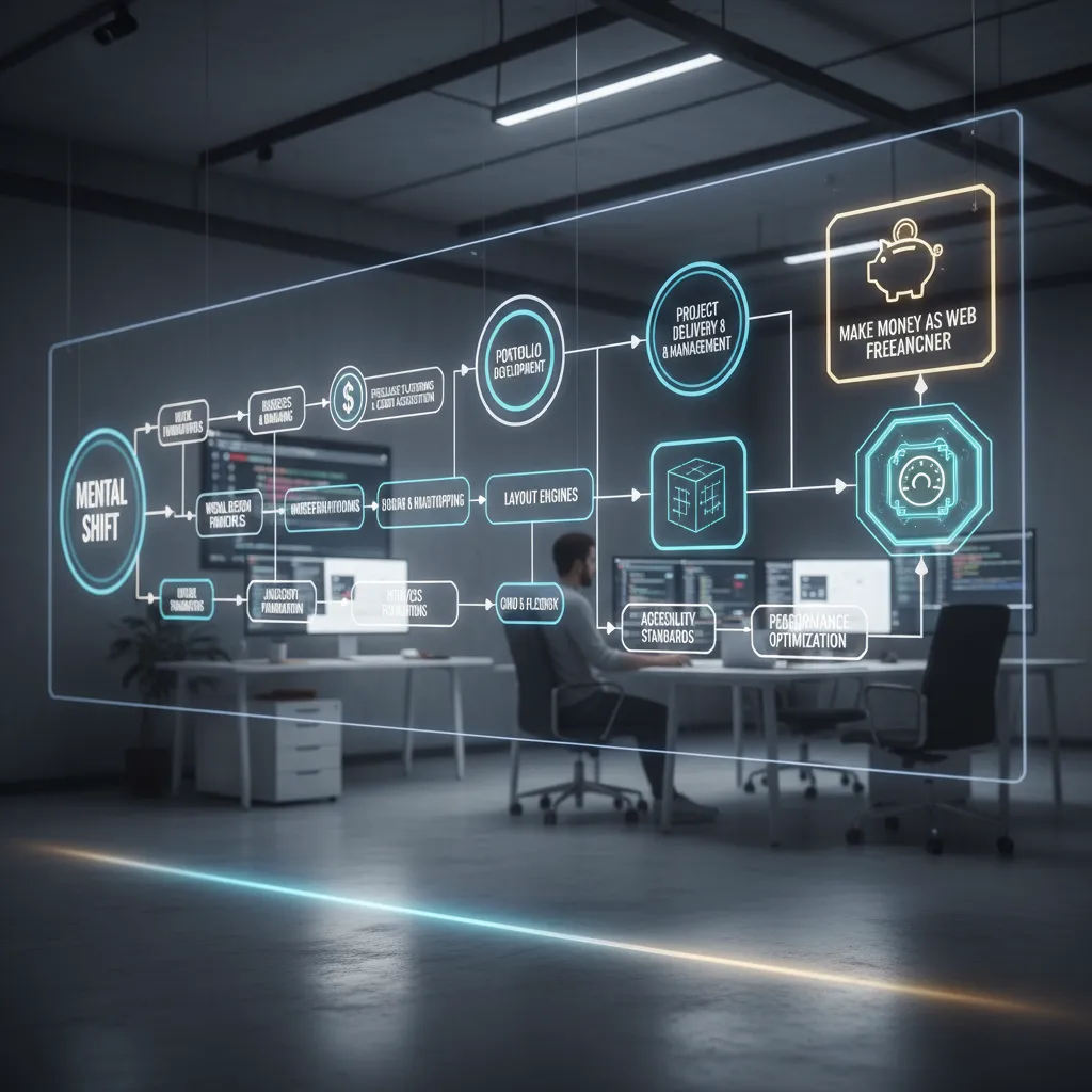 A modern visual roadmap flowchart showing the path from "Mental Shift" to "Layout Engines" to "Container Queries" and finally "Performance Optimization". The design should be sleek and tech-focused.