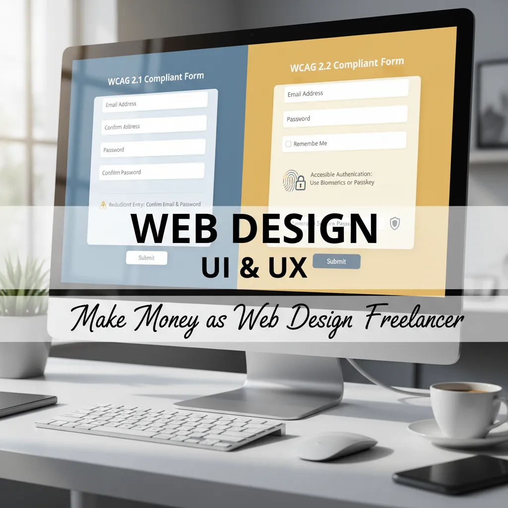 A split-screen graphic comparing a WCAG 2.1 compliant form versus a WCAG 2.2 compliant form, highlighting the 'Redundant Entry' and 'Accessible Authentication' features.