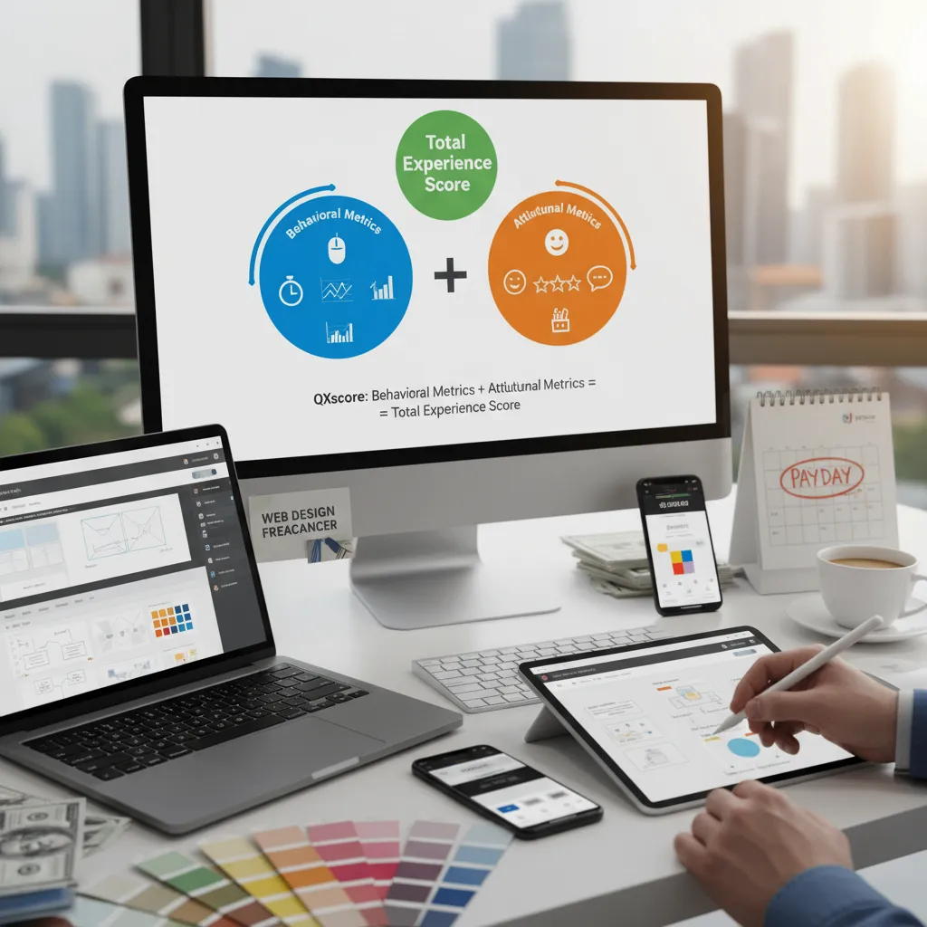 Chart showing the components of QXscore: Behavioral Metrics + Attitudinal Metrics = Total Experience Score