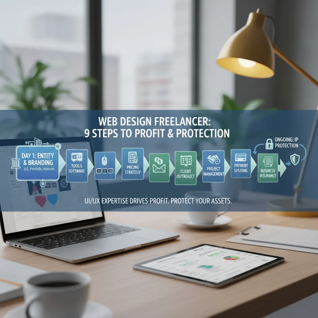 A timeline visualization showing the 9 steps from "Day 1: Entity" to "Day 30: Insurance" and "Ongoing: IP Protection"