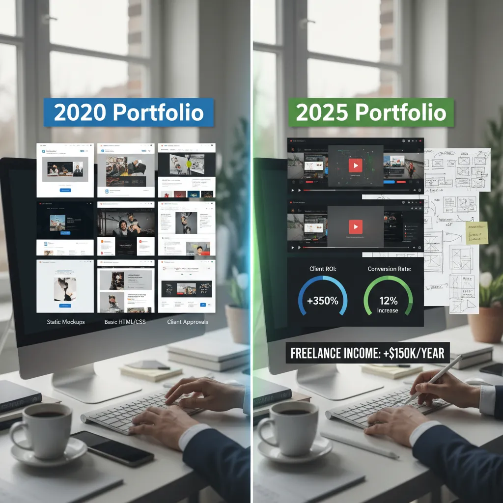 A split-screen comparison graphic. Left side labeled "2020 Portfolio" showing static images in a grid. Right side labeled "2025 Portfolio" showing interactive video embeds, ROI metrics, and process sketches.