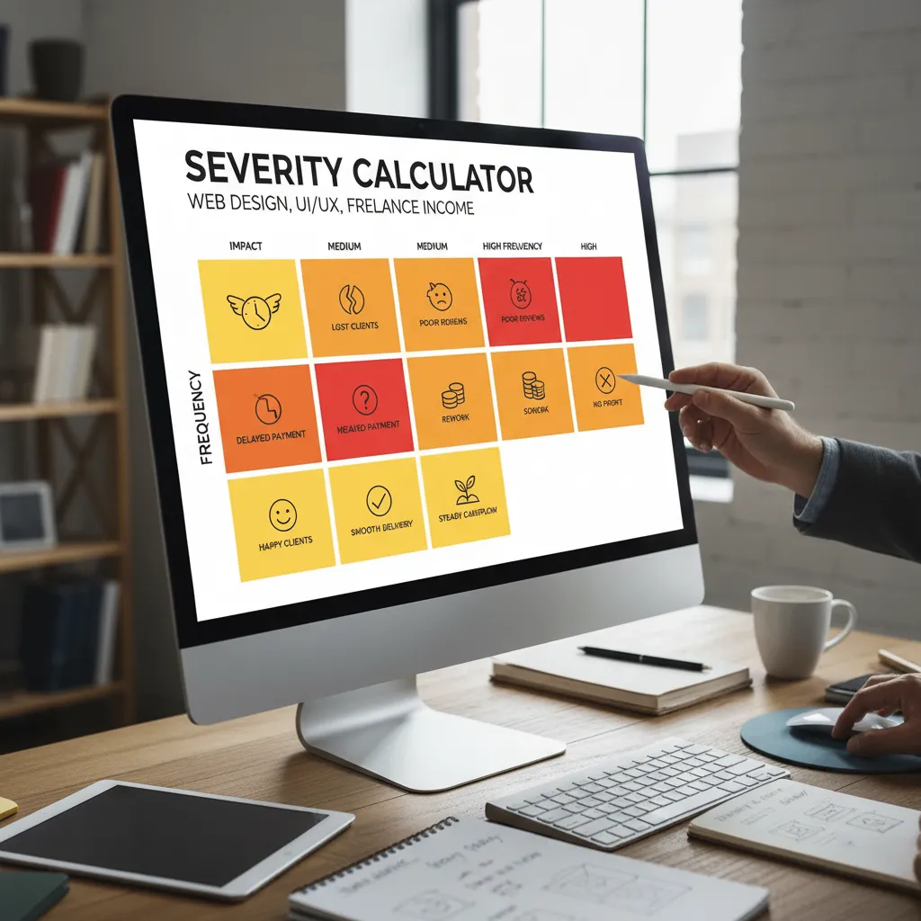 Matrix chart titled "Severity Calculator" with axes for Impact and Frequency, color-coded Red, Orange, and Yellow