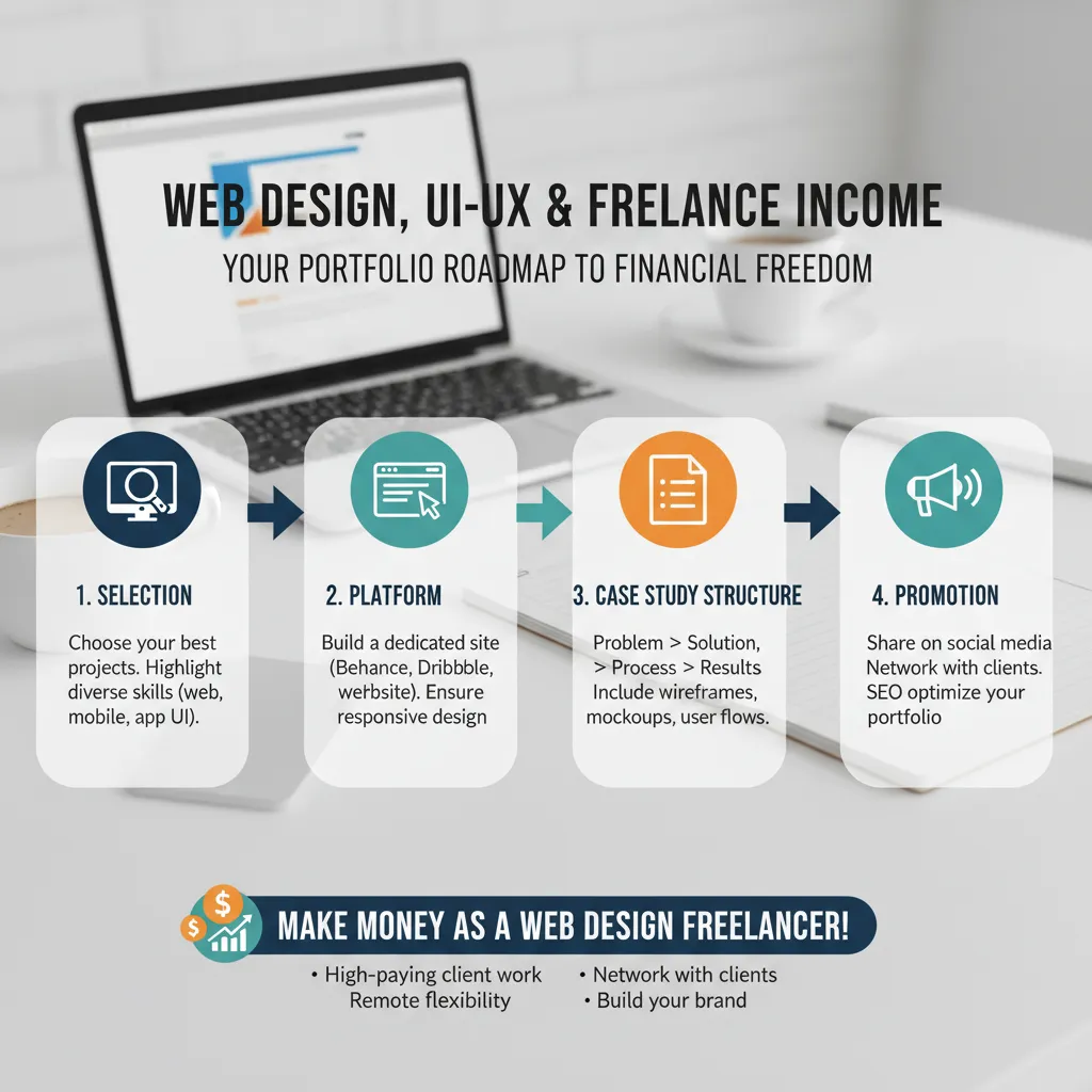 Infographic showing the roadmap of portfolio creation: Selection -> Platform -> Case Study Structure -> Promotion