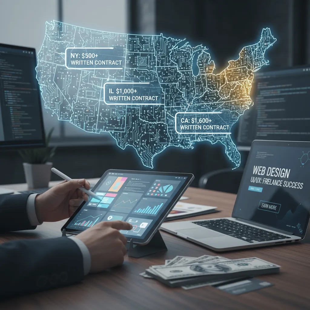 A map of the US highlighting NY, IL, and CA with their specific dollar thresholds for mandatory contracts