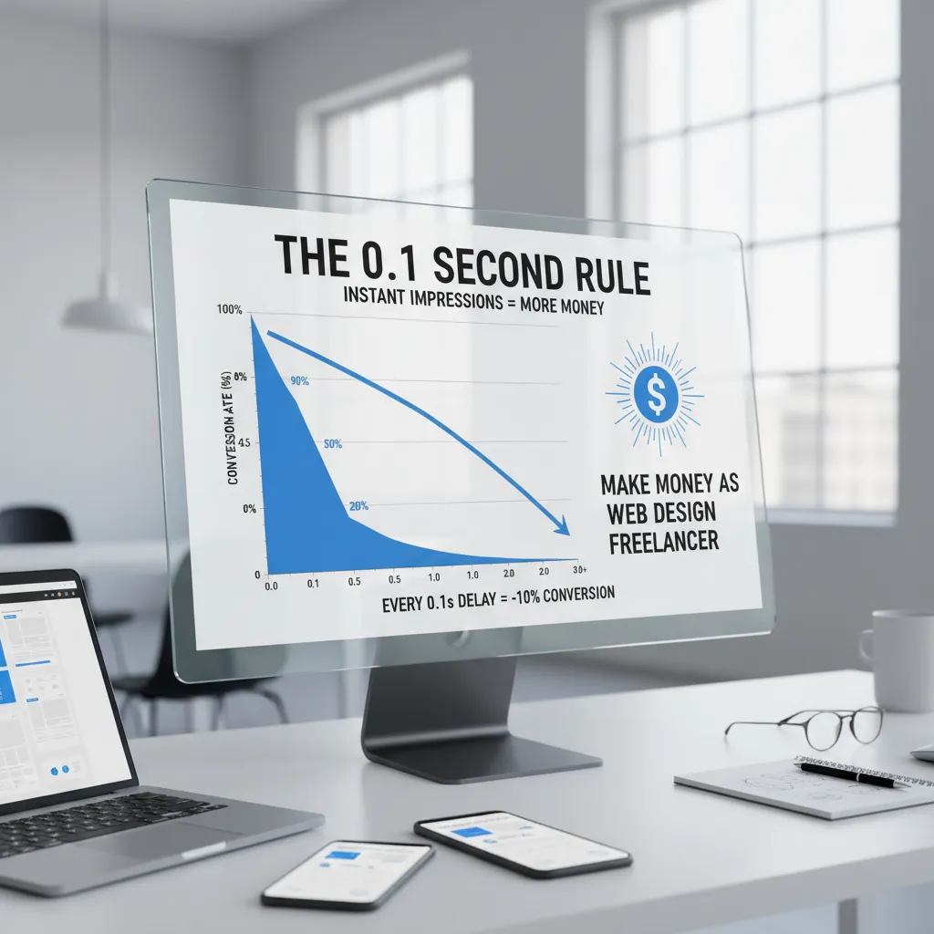 A visual breakdown of the '0.1 Second Rule', showing a graph where conversion rate drops as load time increases.