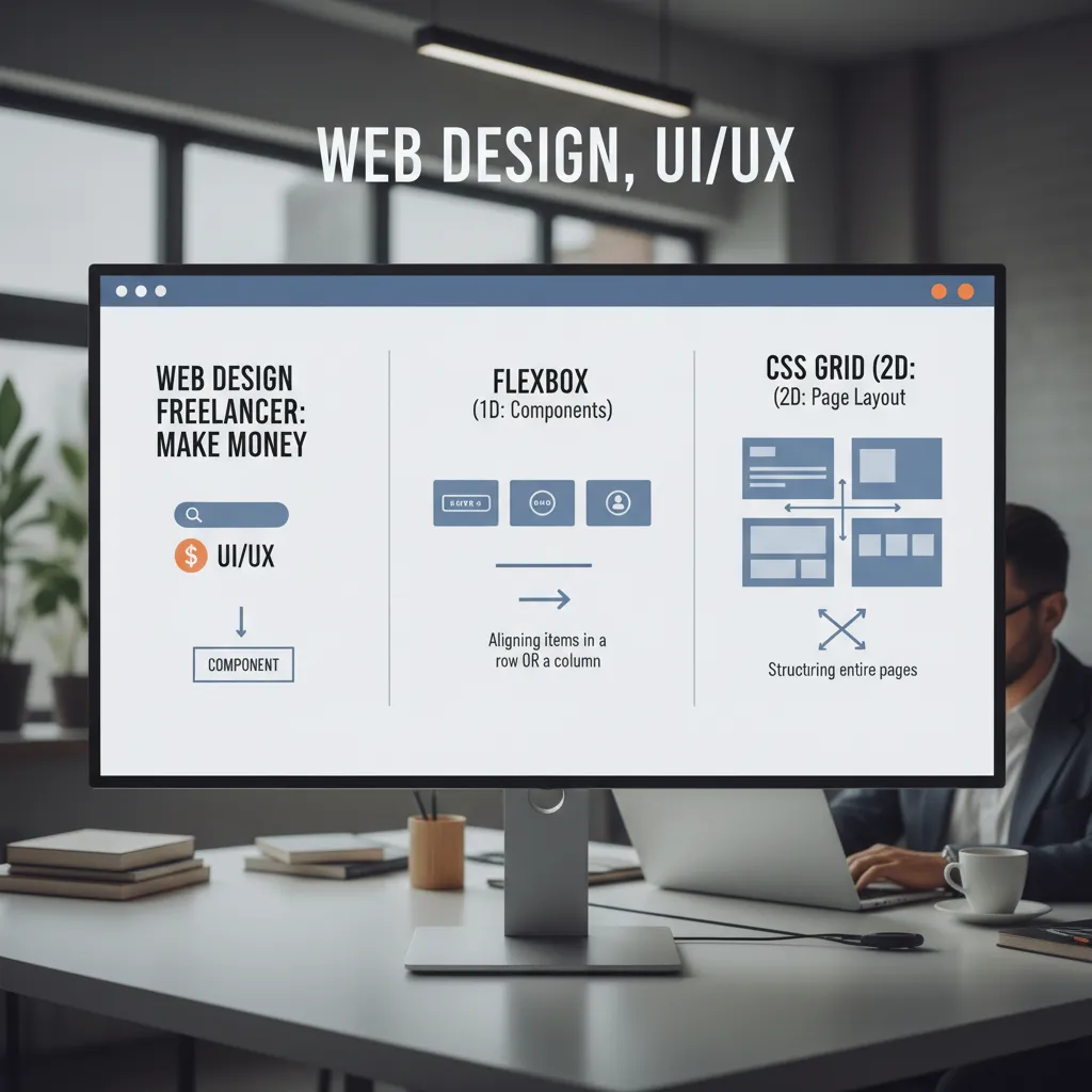 A comparison diagram showing Flexbox (1-dimensional row) vs CSS Grid (2-dimensional columns and rows). The visual should clearly distinguish that Flexbox is for components and Grid is for page layout.
