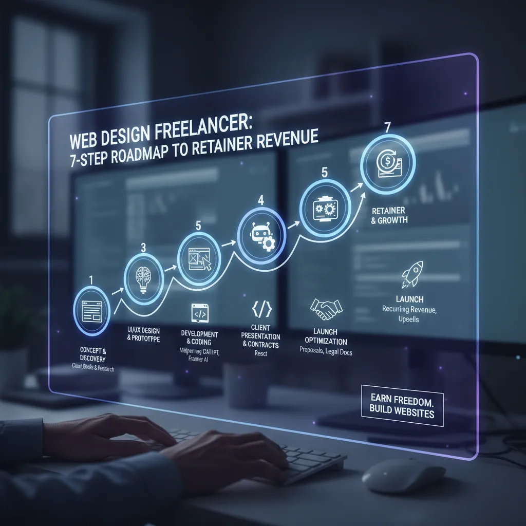 A modern, sleek infographic illustrating the 7-step roadmap from "Concept" to "Retainer Revenue," featuring icons for AI tools, contracts, and client meetings