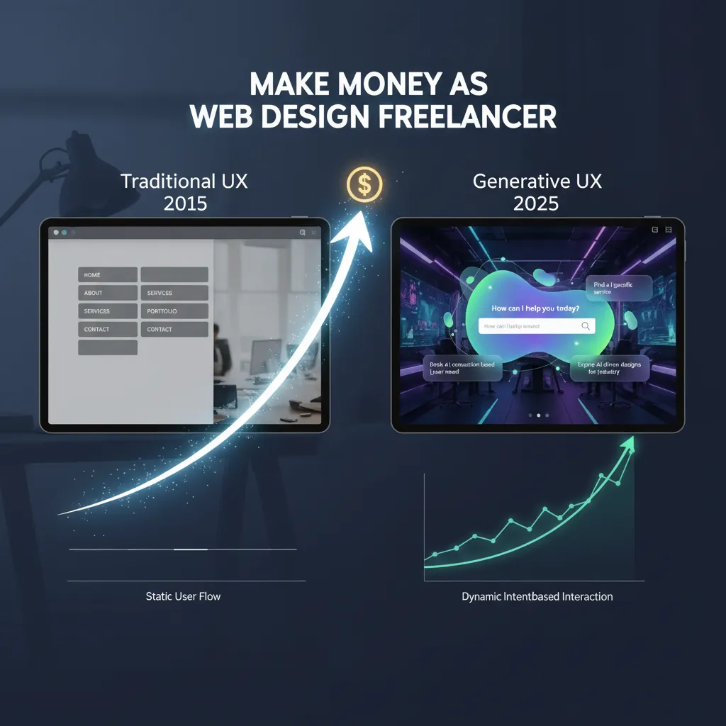 A split-screen comparison graphic. Left side labeled "Traditional UX 2015" showing static menus. Right side labeled "Generative UX 2025" showing a dynamic, intent-based interface. A glowing trend line connects them upwards.