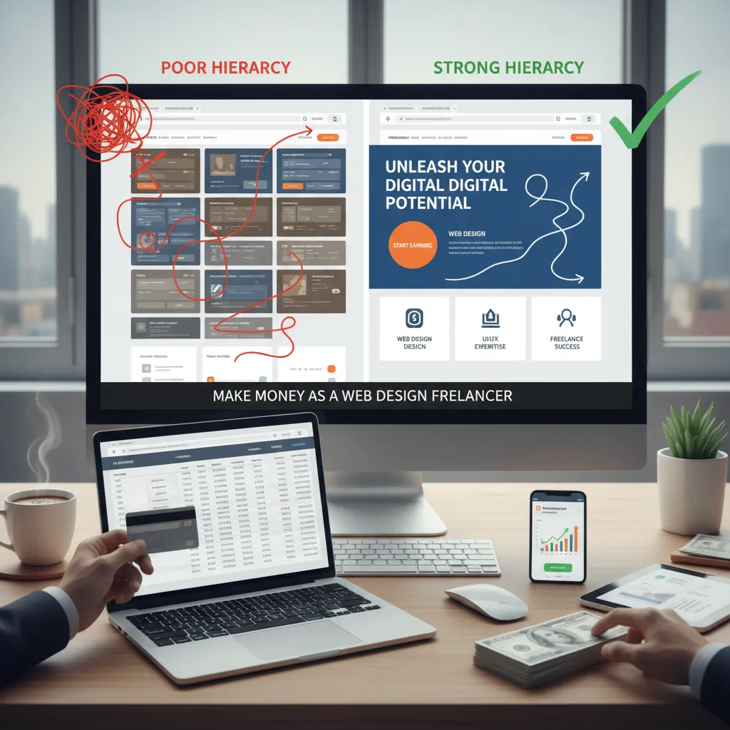 A split-screen comparison showing a website with poor hierarchy (cluttered, flat) versus the same content with strong hierarchy (clear focal points), highlighting the path of the eye.