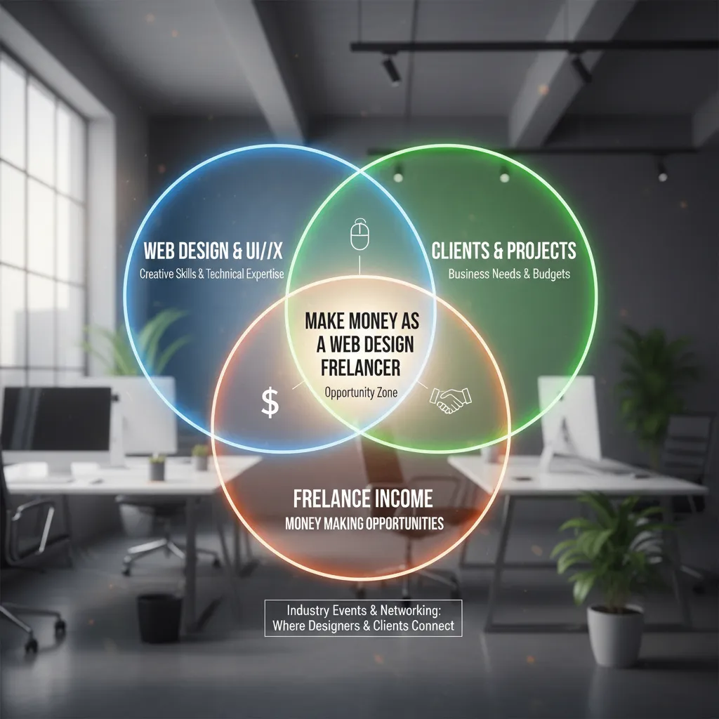 A Venn diagram showing the overlap between "Where Designers Go" and "Where Clients Go," highlighting the "Opportunity Zone" in industry-specific events